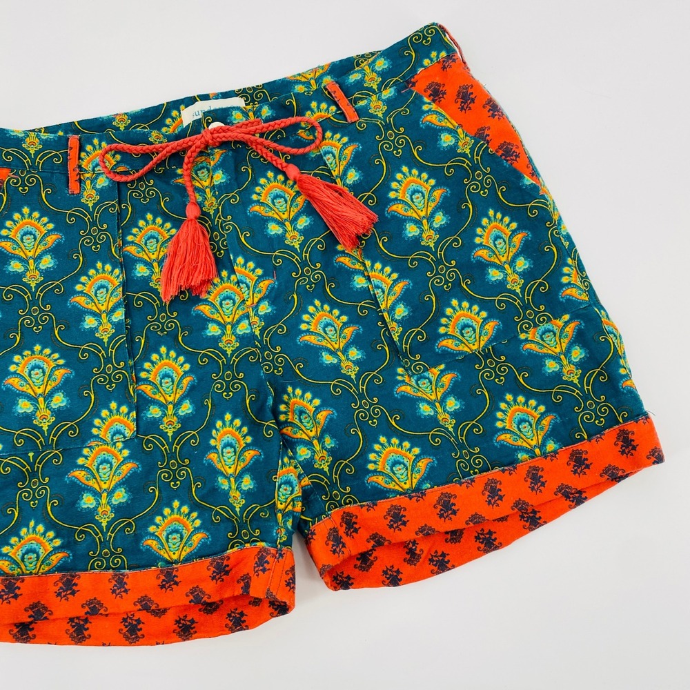 Sundance Shorts Womens Medium Teal Orange Linen Blend Tassel Boho Paisley Print